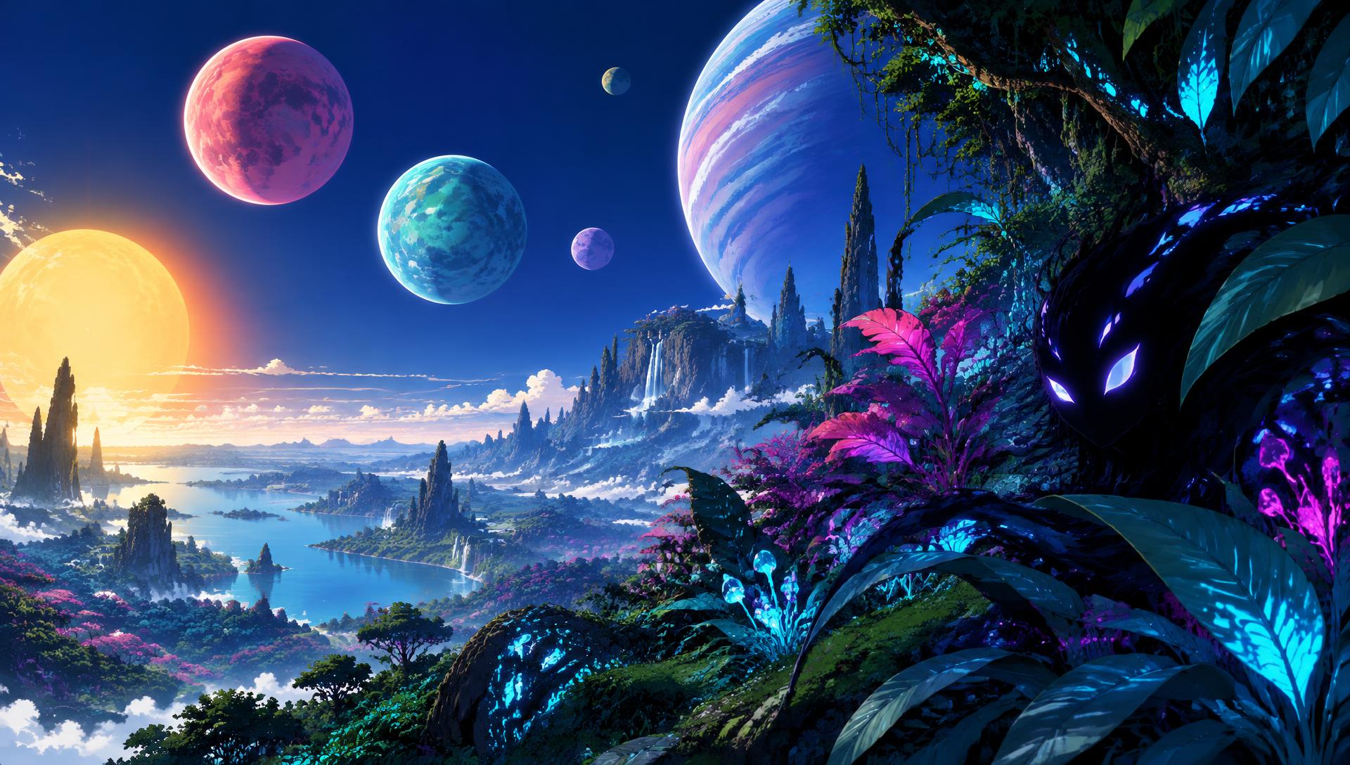 A glowing alien jungle where a shadowy creature with amber eyes watches a landed ship